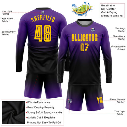 Custom Purple Gold-Black Sublimation Long Sleeve Fade Fashion Soccer Uniform Jersey
