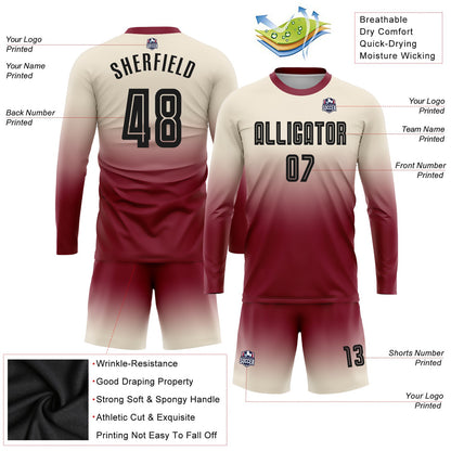 Custom Cream Black-Crimson Sublimation Long Sleeve Fade Fashion Soccer Uniform Jersey