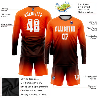 Custom Orange White-Brown Sublimation Long Sleeve Fade Fashion Soccer Uniform Jersey