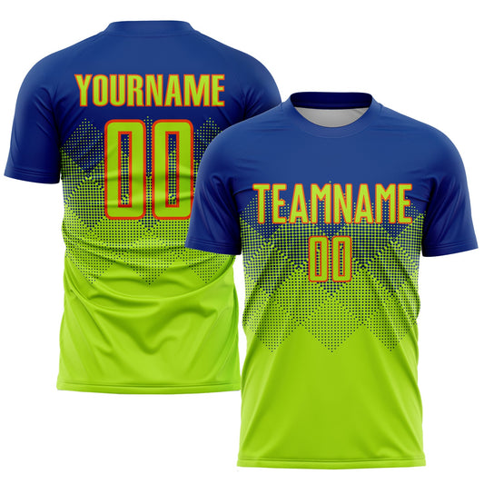 Custom Royal Neon Green-Orange Sublimation Soccer Uniform Jersey