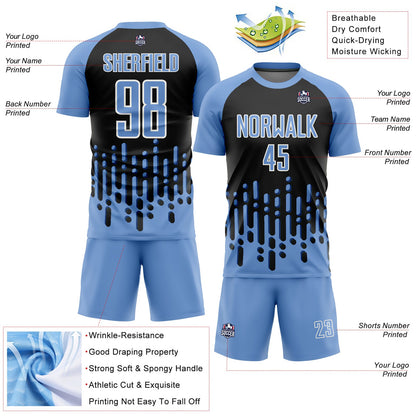 Custom Light Blue Black-White Abstract Fluid Wave Sublimation Soccer Uniform Jersey
