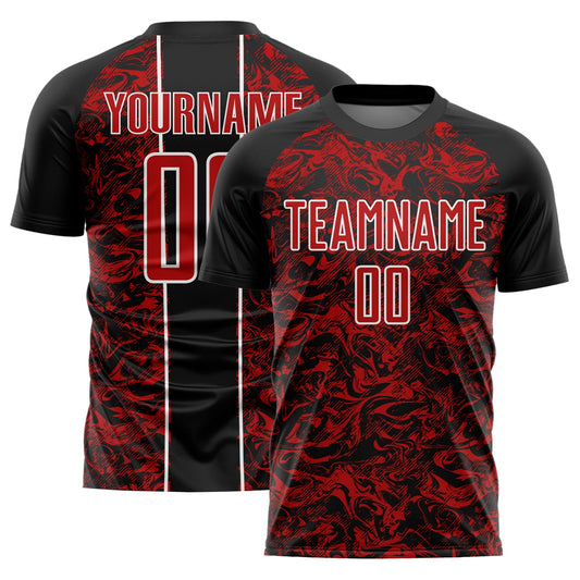 Custom Black Red-White Abstract Fluid Sublimation Soccer Uniform Jersey