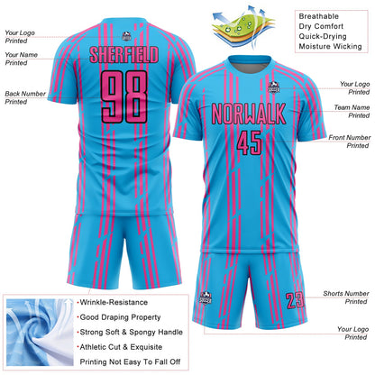 Custom Sky Blue Pink-Black Pinstripe Sublimation Soccer Uniform Jersey
