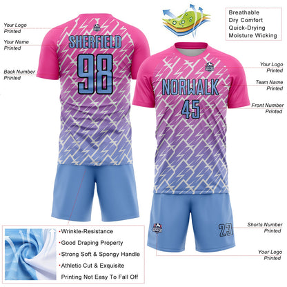 Custom Pink Light Blue-Black Lightning Sublimation Soccer Uniform Jersey