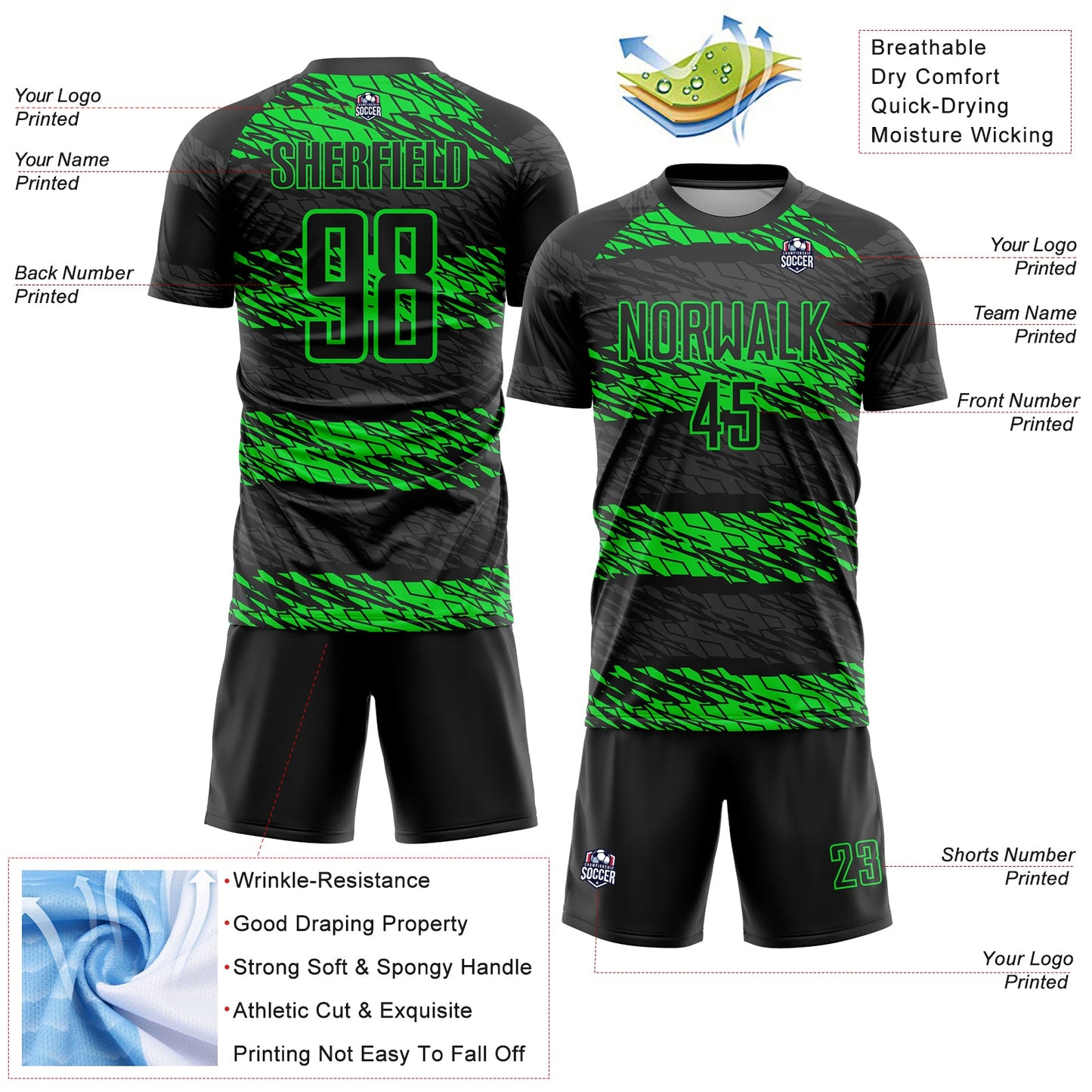 Custom Black Neon Green Sublimation Soccer Uniform Jersey