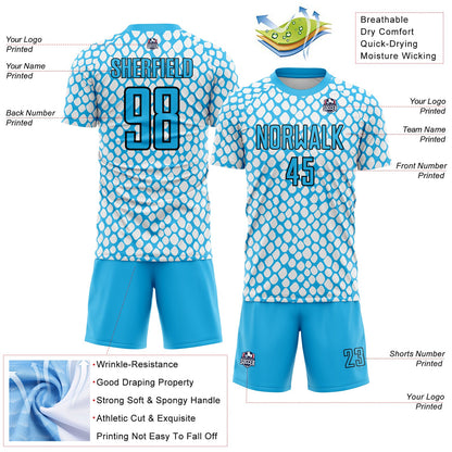 Custom Sky Blue Black-White Snake Skin Sublimation Soccer Uniform Jersey
