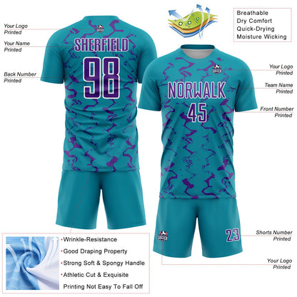 Custom Teal Purple-White Abstract Lines Sublimation Soccer Uniform Jersey