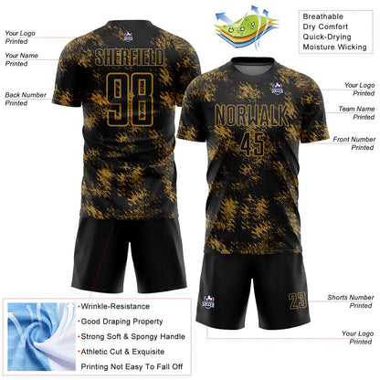 Custom Black Old Gold Abstract Grunge Art Sublimation Soccer Uniform Jersey