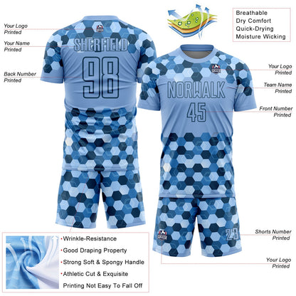 Custom Light Blue Black Geometric Shapes Sublimation Soccer Uniform Jersey