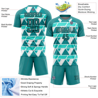 Custom Teal White-Black Geometric Shapes Sublimation Soccer Uniform Jersey
