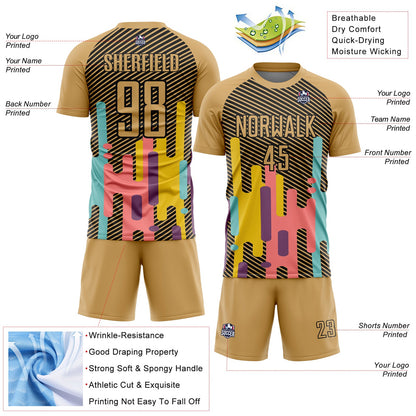 Custom Old Gold Black Lines Sublimation Soccer Uniform Jersey