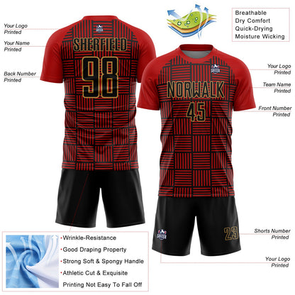 Custom Red Black-Old Gold Lines Sublimation Soccer Uniform Jersey