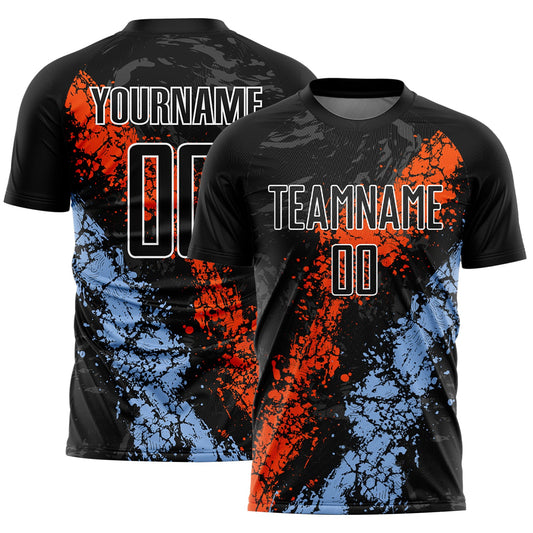 Custom Black Orange-Light Blue Dripping Splatter Art Sublimation Soccer Uniform Jersey