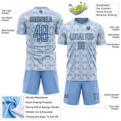 Custom Light Blue Black-White Geometric Shapes Sublimation Soccer Uniform Jersey