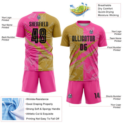 Custom Graffiti Pattern Black Old Gold-Pink Scratch Sublimation Soccer Uniform Jersey