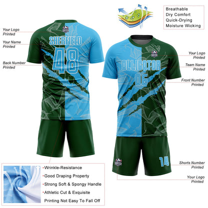 Custom Graffiti Pattern Sky Blue-Green Scratch Sublimation Soccer Uniform Jersey