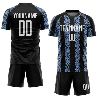 Custom Black White-Light Blue Abstract Shape Sublimation Soccer Uniform Jersey