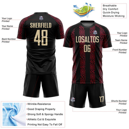 Custom Black Cream-Crimson Abstract Shape Sublimation Soccer Uniform Jersey