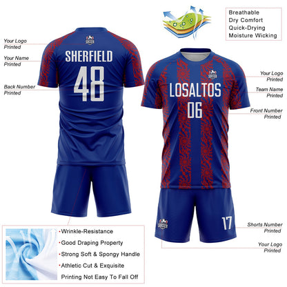 Custom Royal White-Red Abstract Shape Sublimation Soccer Uniform Jersey