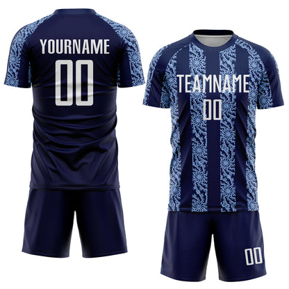 Custom Navy White-Light Blue Abstract Shape Sublimation Soccer Uniform Jersey