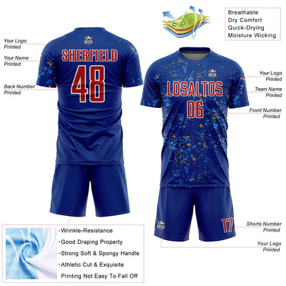 Custom Royal Red Old Gold-Powder Blue Abstract Fragment Art Sublimation Soccer Uniform Jersey