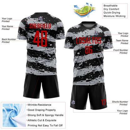 Custom Black Red-Gray Splash Sublimation Soccer Uniform Jersey