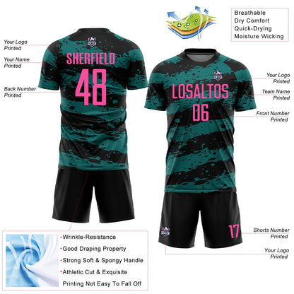 Custom Black Pink-Teal Splash Sublimation Soccer Uniform Jersey