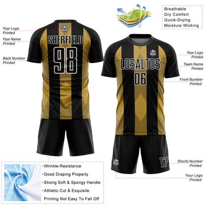 Custom Black Old Gold-White Line Sublimation Soccer Uniform Jersey