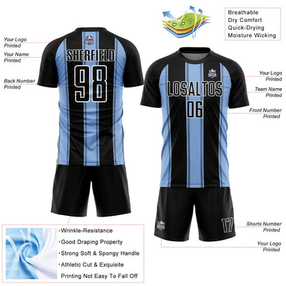 Custom Black Light Blue-White Line Sublimation Soccer Uniform Jersey
