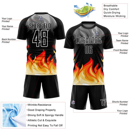 Custom Black Gray Red-Gold Flame Sublimation Soccer Uniform Jersey