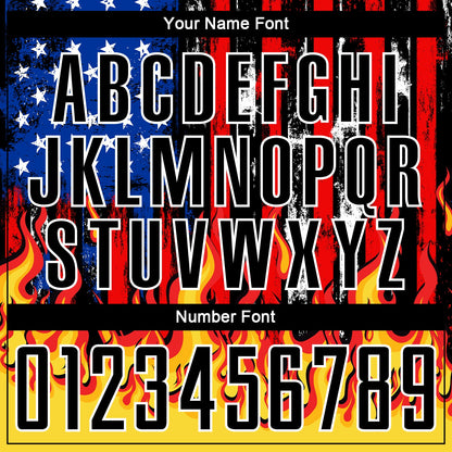 Custom Black Red Royal-Gold American Flag Flame Sublimation Soccer Uniform Jersey