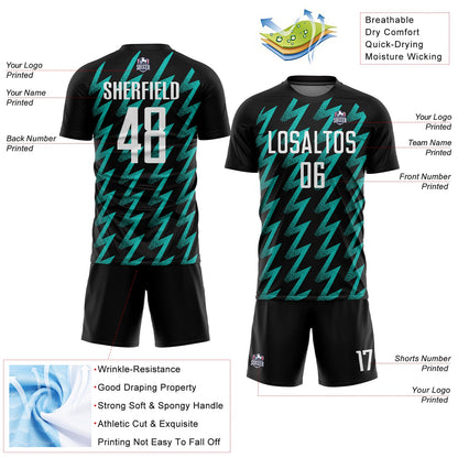 Custom Black White-Aqua Zigzag Shape Sublimation Soccer Uniform Jersey