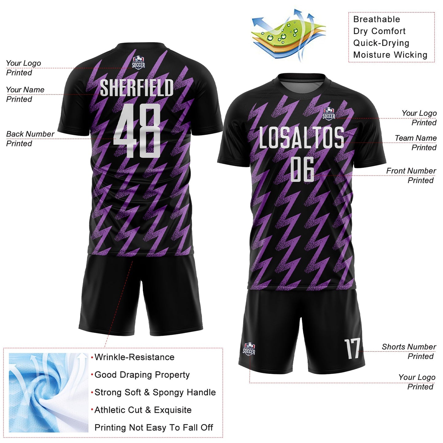 Custom Black White-Medium Purple Zigzag Shape Sublimation Soccer Uniform Jersey