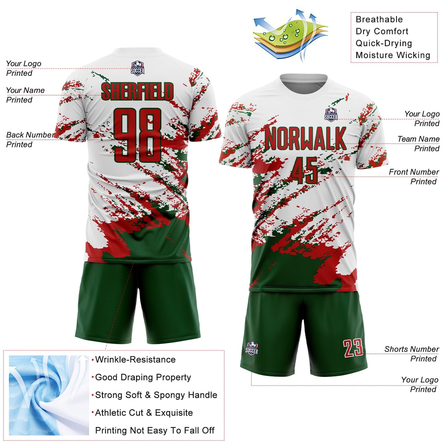 Custom White Red-Green Abstract Fragment Art Splash Sublimation Soccer Uniform Jersey