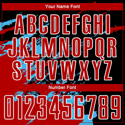 Custom Black Red-Sky Blue Abstract Fragment Art Splash Sublimation Soccer Uniform Jersey