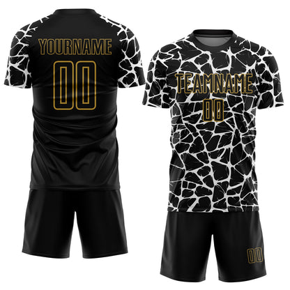Custom Black White-Old Gold Abstract Network Splash Sublimation Soccer Uniform Jersey