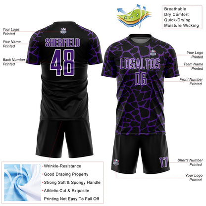 Custom Black Purple-White Abstract Network Splash Sublimation Soccer Uniform Jersey