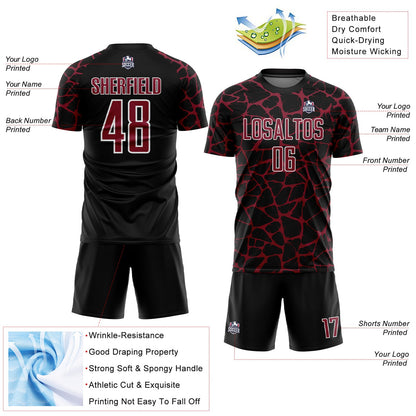 Custom Black Crimson-White Abstract Network Splash Sublimation Soccer Uniform Jersey