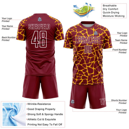 Custom Crimson Gold-White Abstract Network Splash Sublimation Soccer Uniform Jersey