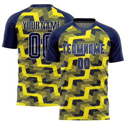 Custom Navy Light Yellow-White Line Sublimation Soccer Uniform Jersey