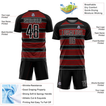 Custom Black Red-White Geometric Shapes And Line Sublimation Soccer Uniform Jersey