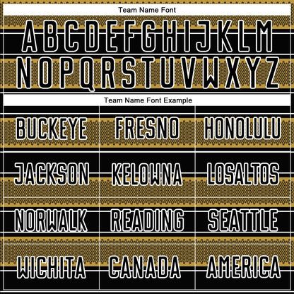 Custom Black Old Gold-White Geometric Shapes And Line Sublimation Soccer Uniform Jersey