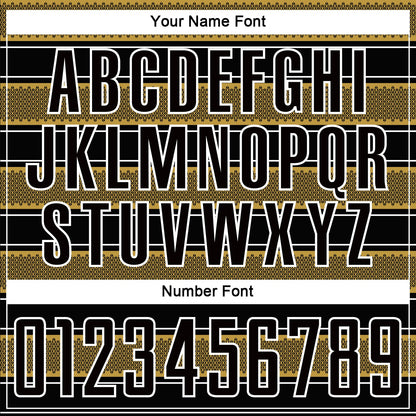 Custom Black Old Gold-White Geometric Shapes And Line Sublimation Soccer Uniform Jersey