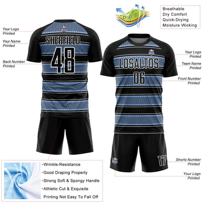 Custom Black Light Blue-White Geometric Shapes And Line Sublimation Soccer Uniform Jersey