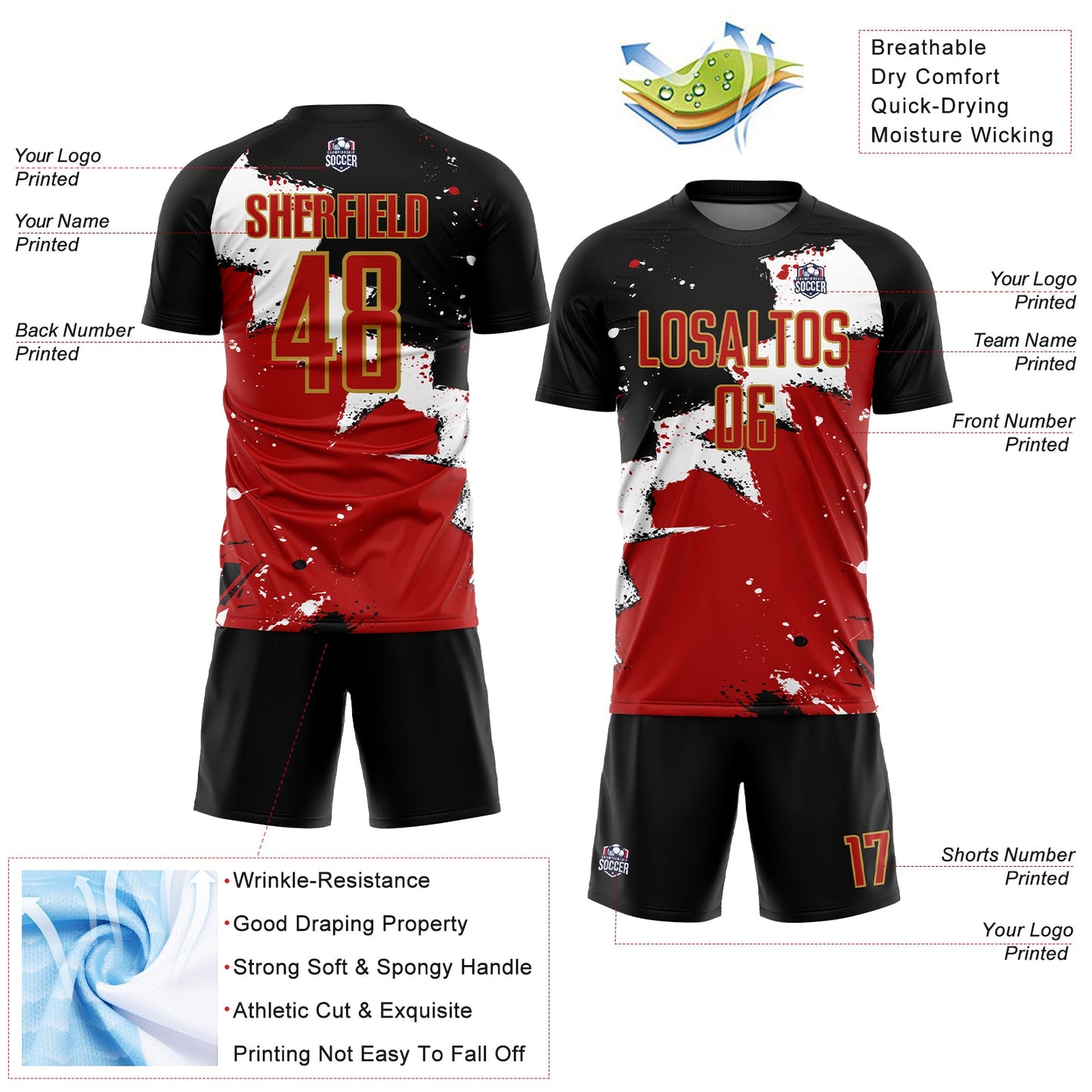 Custom Black Red-Old Gold Splash Sublimation Soccer Uniform Jersey