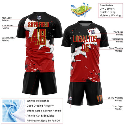 Custom Black Red-Old Gold Splash Sublimation Soccer Uniform Jersey