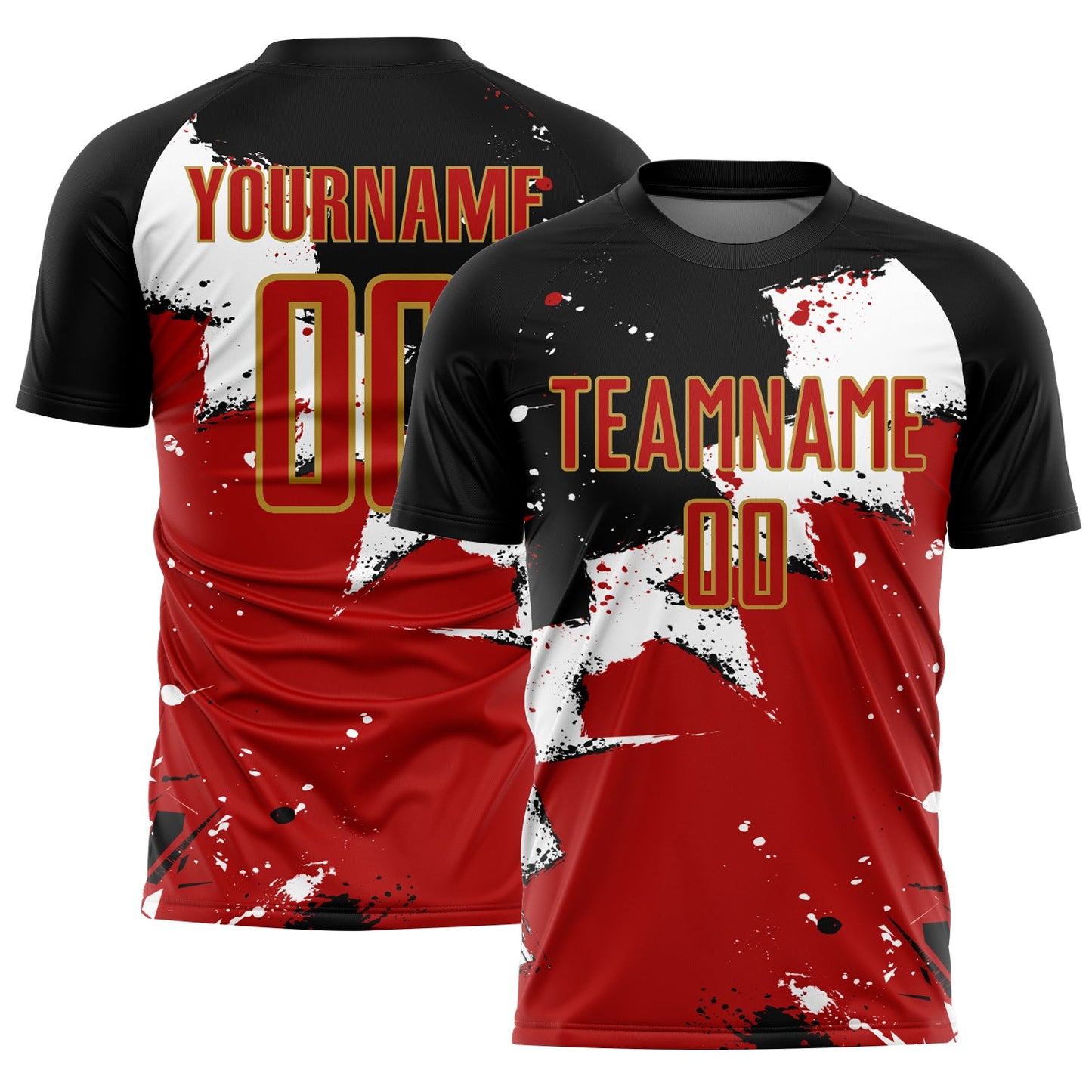 Custom Black Red-Old Gold Splash Sublimation Soccer Uniform Jersey