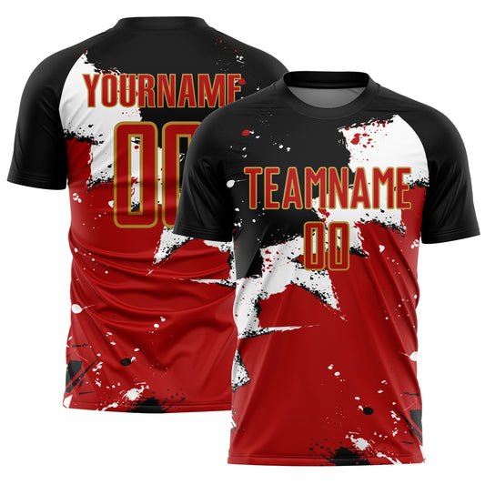 Custom Black Red-Old Gold Splash Sublimation Soccer Uniform Jersey