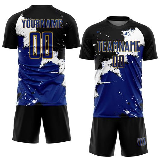 Custom Black Royal-Old Gold Splash Sublimation Soccer Uniform Jersey