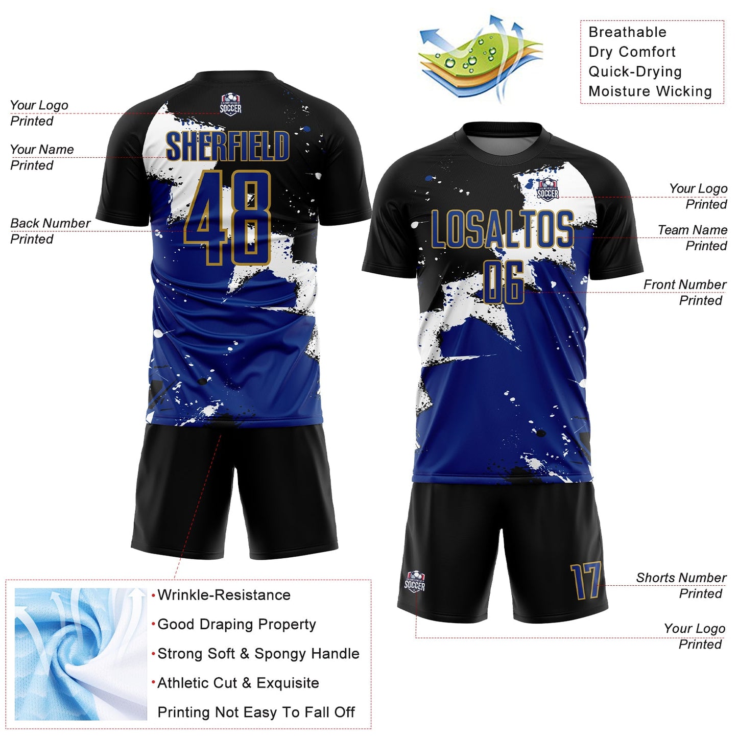 Custom Black Royal-Old Gold Splash Sublimation Soccer Uniform Jersey